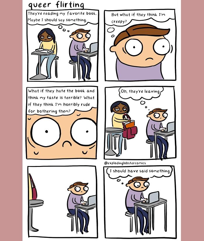 Comic strip showing silly humor and brutal honesty in a queer flirting scenario with anxious thoughts and missed opportunity.
