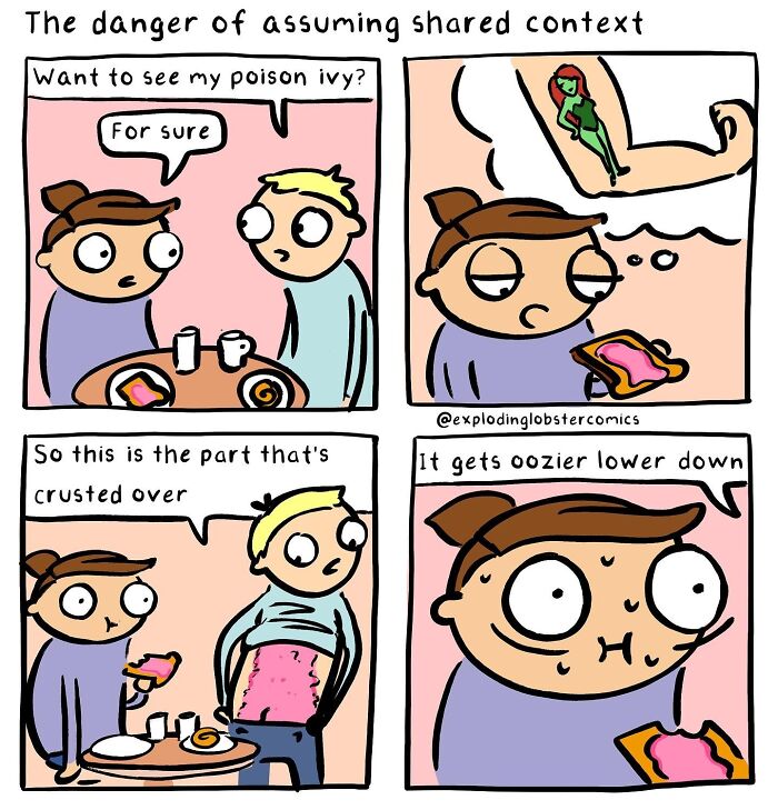 Comic illustrating silly humor and brutal honesty with characters misunderstanding poison ivy as a food item in a casual setting.