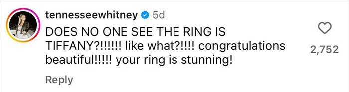Comment on a woman's engagement post highlighting the Tiffany ring and congratulating her on the stunning engagement ring. Comment on a woman's engagement post highlighting the Tiffany ring and congratulating her on the stunning engagement ring.