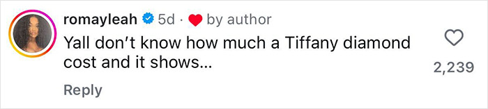 Social media comment by romayleah about a Tiffany diamond cost, related to a woman's engagement post going viral. Social media comment by romayleah about a Tiffany diamond cost, related to a woman's engagement post going viral.
