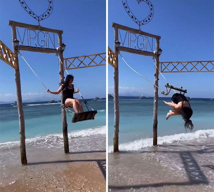 Woman on beach swing flips over, showcasing ridiculous influencer moment called out by viewers near ocean waves.