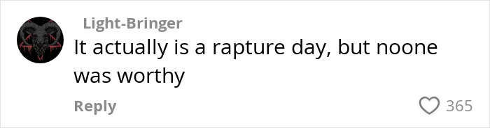 Comment on RaptureTok about rapture day prediction, featuring a dark profile image with a ram skull and red eyes.
