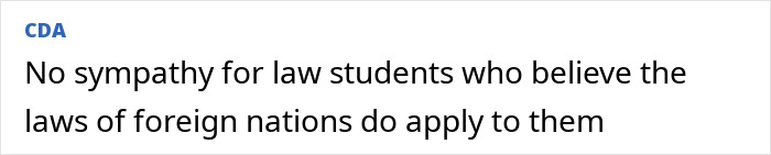 Text snippet from CDA website displaying a statement about law students and foreign nation laws related to Dubai prison case