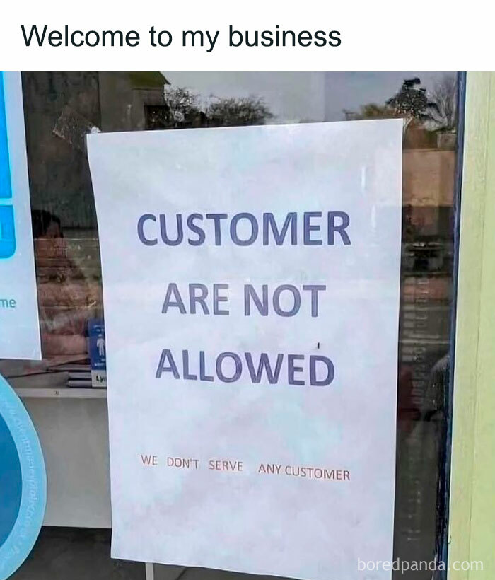 Sign on a door stating customers are not allowed in a humorous introvert meme about avoiding social interaction.