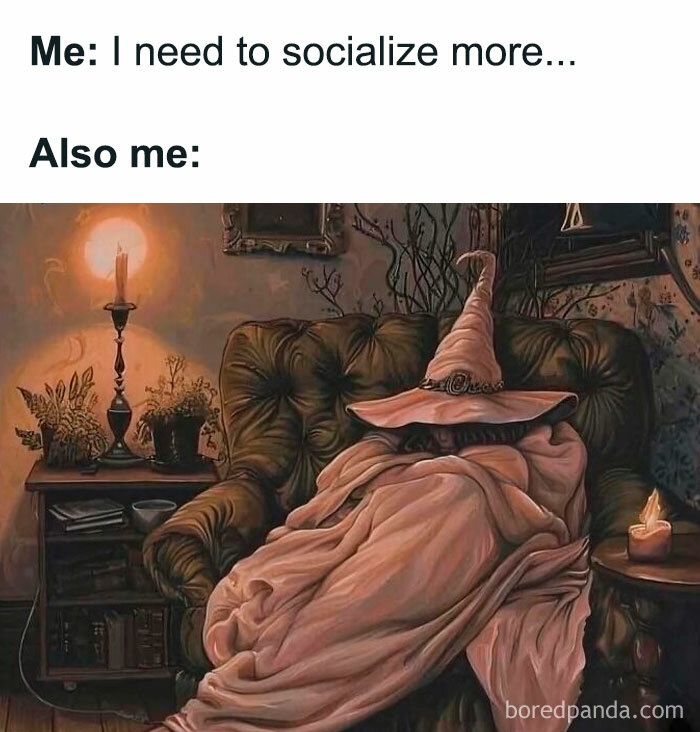 Introvert meme showing a person wrapped in a blanket and hat on a couch after a day of socializing.