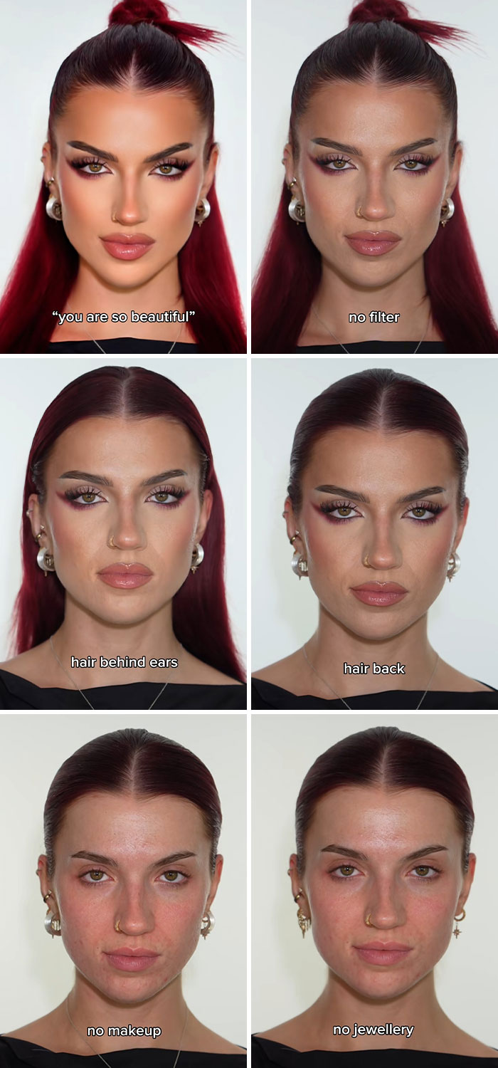 Woman revealing the truth behind social media perfection in six photos showing makeup, filters, and natural appearance.