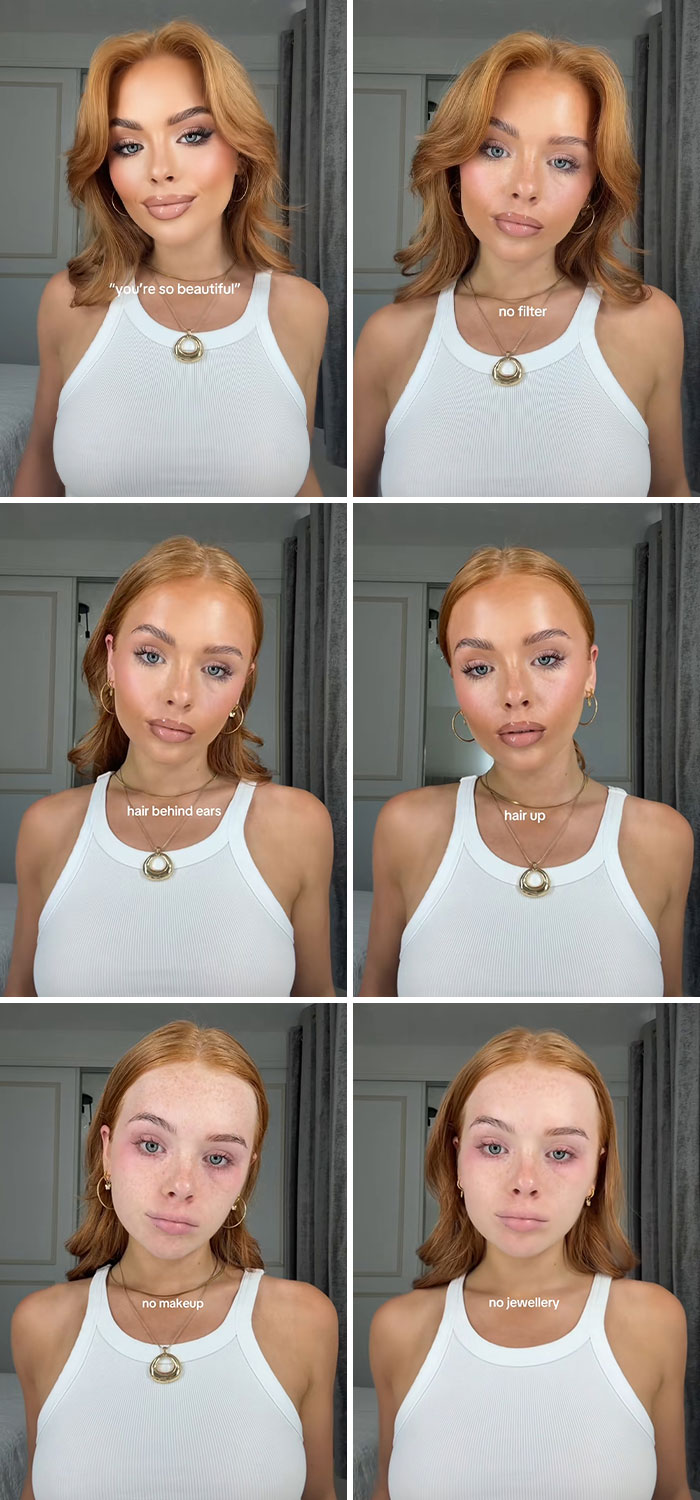 Young woman showing social media perfection struggles in six frames with and without makeup, filters, jewelry, and different hairstyles.