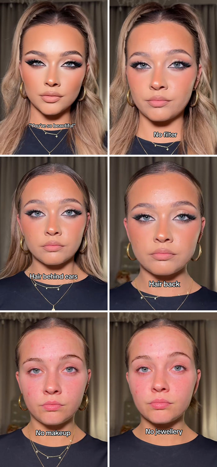 Woman reveals the truth behind social media perfection showing no filter, no makeup, and different hair and jewelry styles.