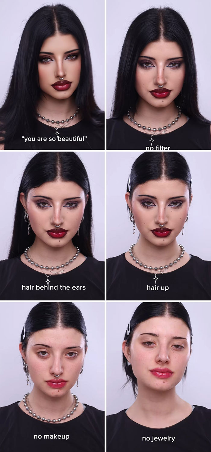 Woman showing social media perfection with makeup, hair styles, and jewelry vs natural look without filters or enhancements.