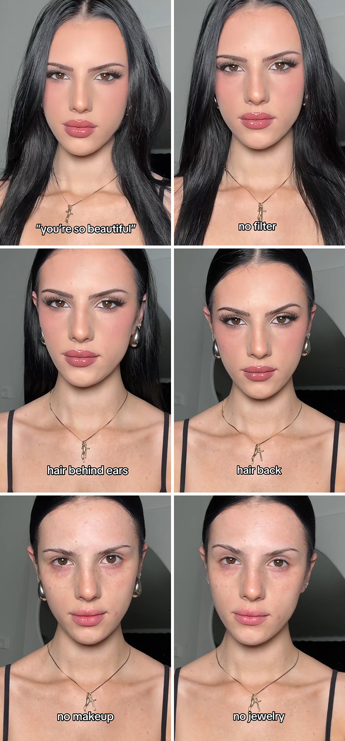 Woman showing social media perfection versus reality progression with no filter, makeup, jewelry, and hair changes.