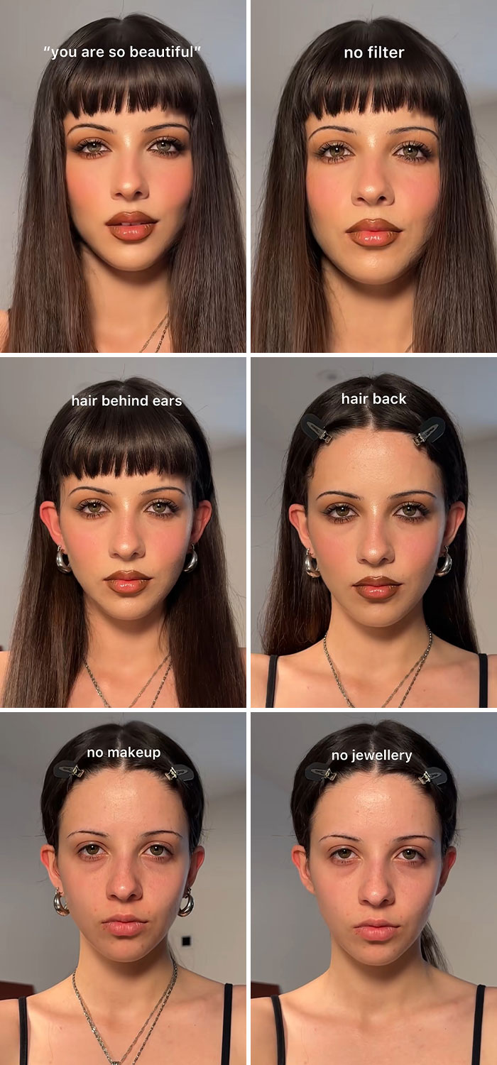 Woman showing the truth behind social media perfection with no filter, no makeup, and no jewellery in multiple frames.