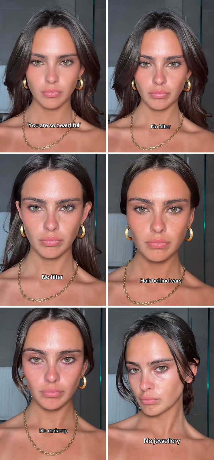 Woman showing different unfiltered social media looks with no makeup and no jewelry, revealing truth behind social media perfection.