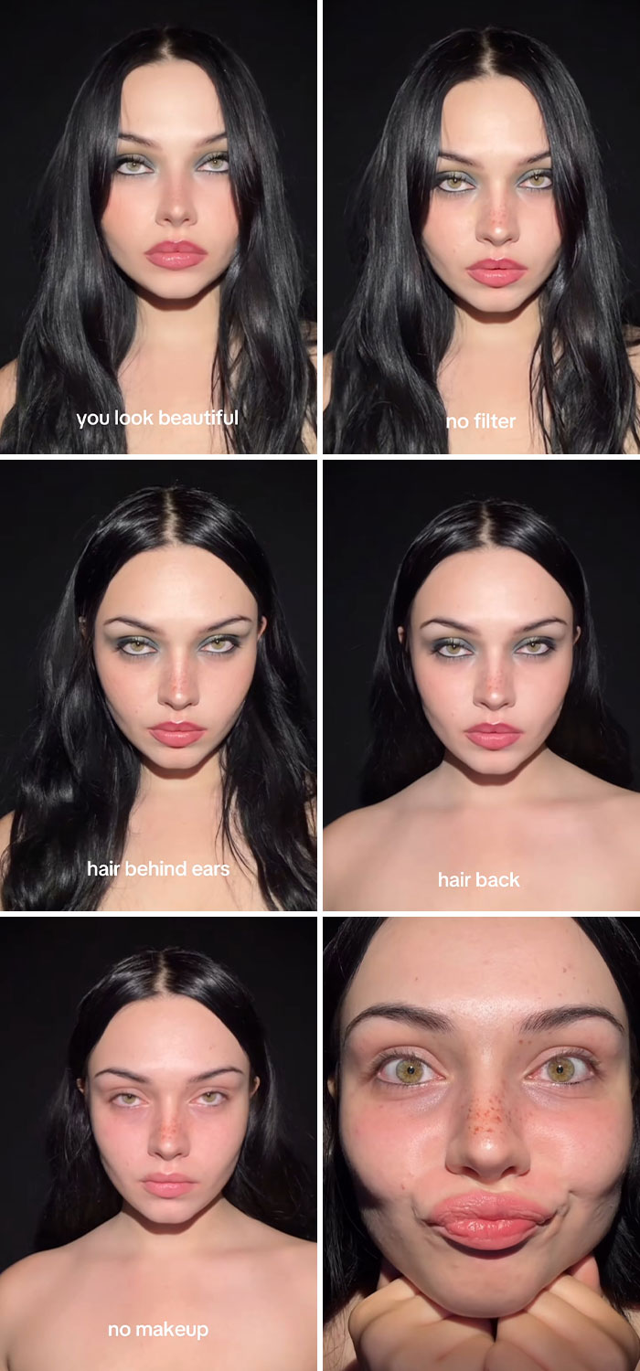 Young woman showing the truth behind social media perfection with makeup, hair, and no filter transformations.