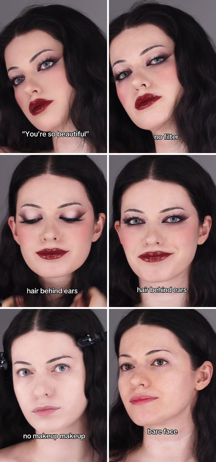 A woman reveals the truth behind social media perfection with makeup, no filter, and bare face transformations in multiple frames.