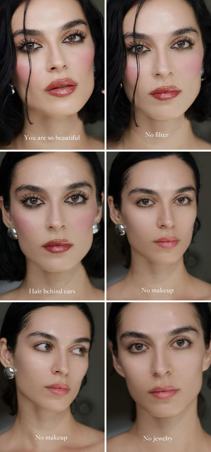 Close-up portraits of a woman showing the truth behind social media perfection and its impact on women’s appearance.