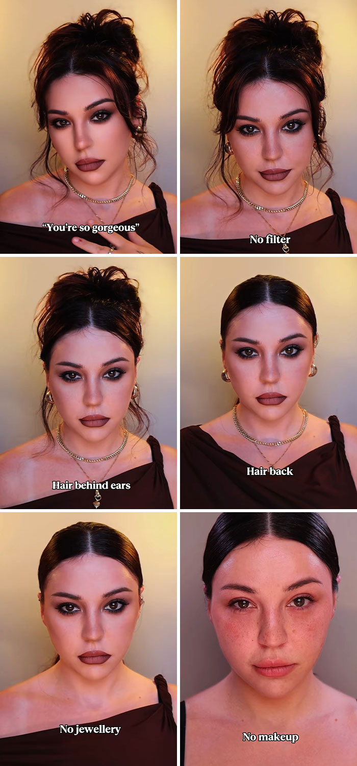 Woman revealing social media perfection truth with different poses, no filter, no makeup, and changing hair and jewelry styles.