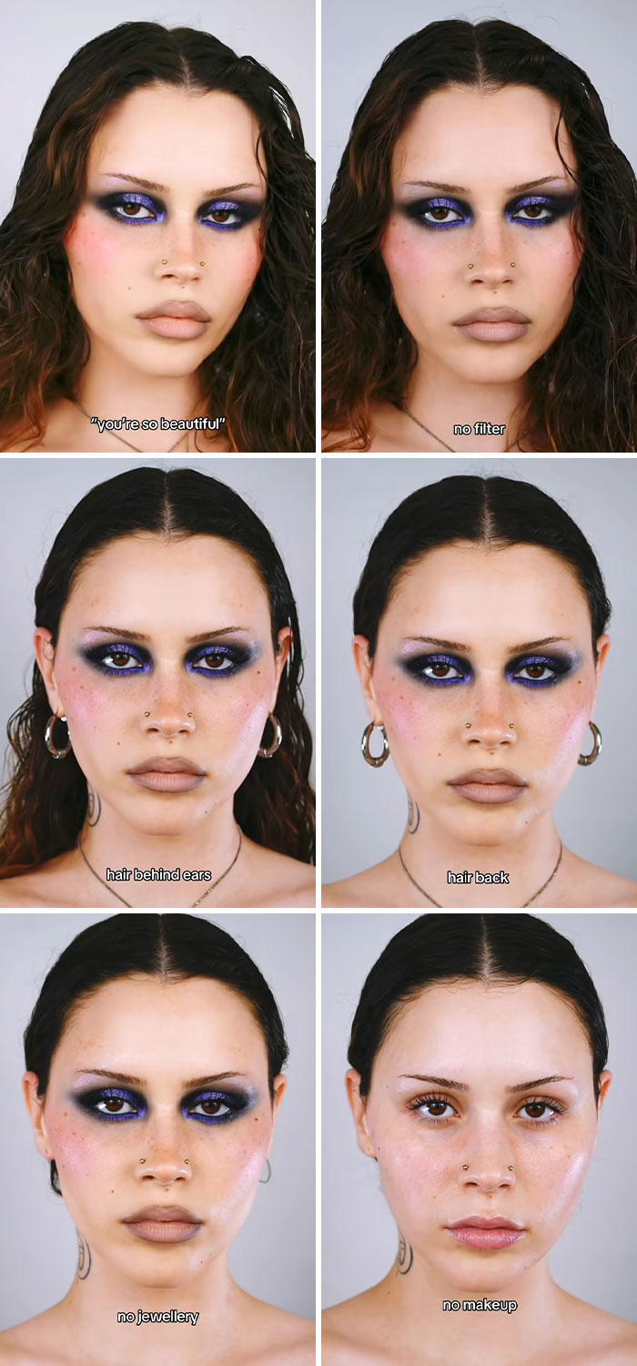 Woman revealing the truth behind social media perfection by showing makeup removal and natural appearance stages.