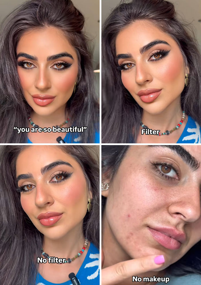 Young woman showing social media perfection versus reality with filter, no filter, and no makeup close-up comparison.