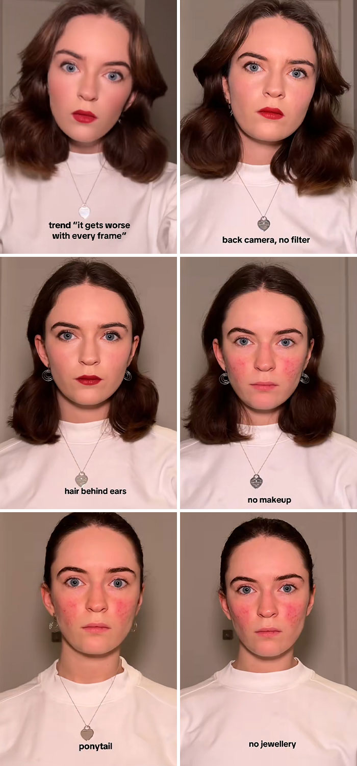 Young woman shows the truth behind social media perfection in a series of unfiltered photos with different looks and no makeup.