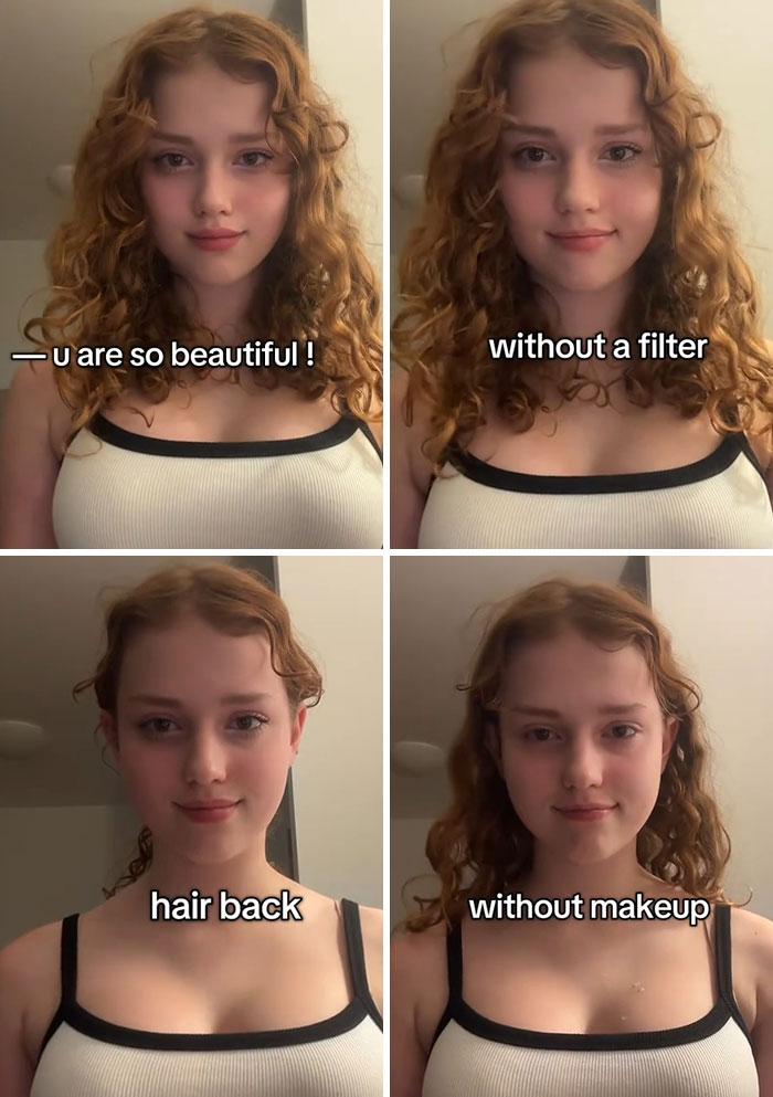 Young woman showing the truth behind social media perfection with and without filters, makeup, and hairstyles in four frames.
