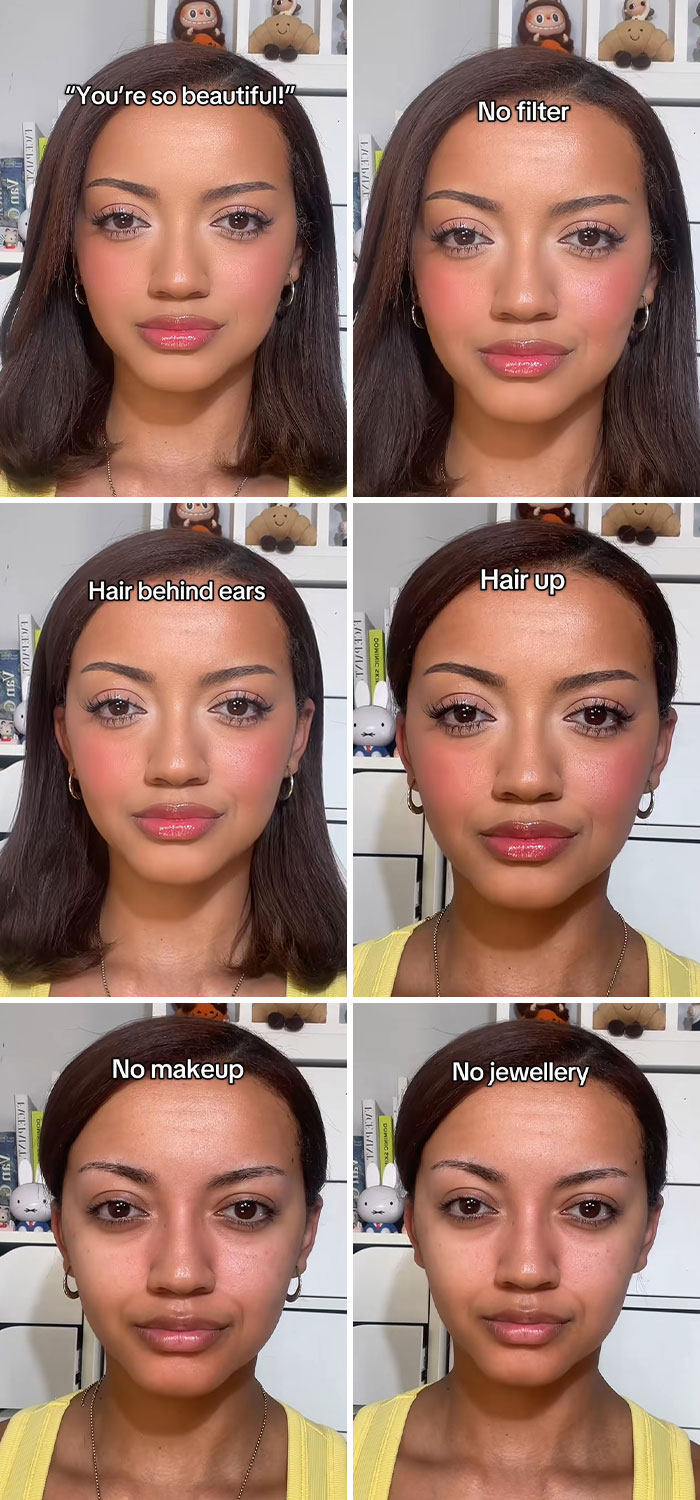 Woman revealing the truth behind social media perfection through different makeup, hair, and jewelry looks in multiple frames.
