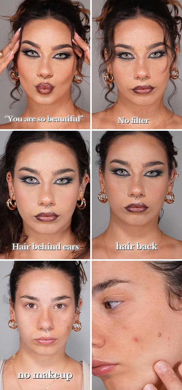 Woman revealing the truth behind social media perfection with makeup, no filter, and natural skin close-up.