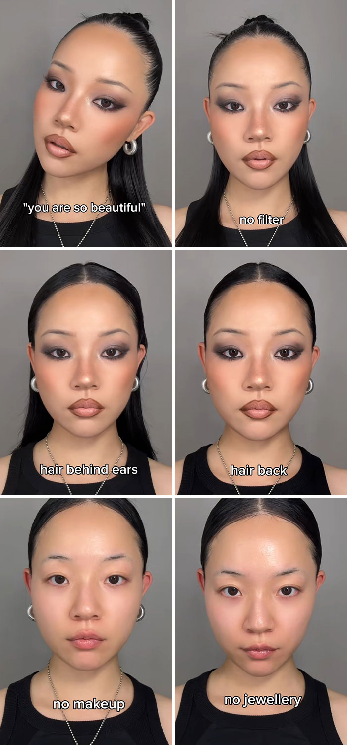 Young woman showing the truth behind social media perfection through makeup and styling transformations.