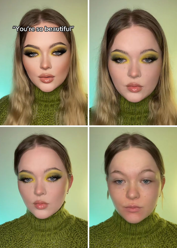 Young woman showing social media perfection vs reality with makeup and natural face, revealing truth behind social media perfection.