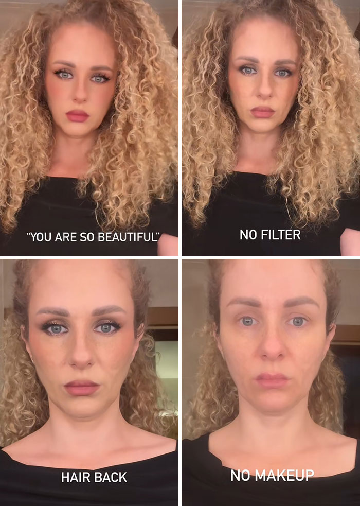 Woman with curly hair showing social media perfection vs reality with no filter, hair back, and no makeup revealing truth behind appearance.