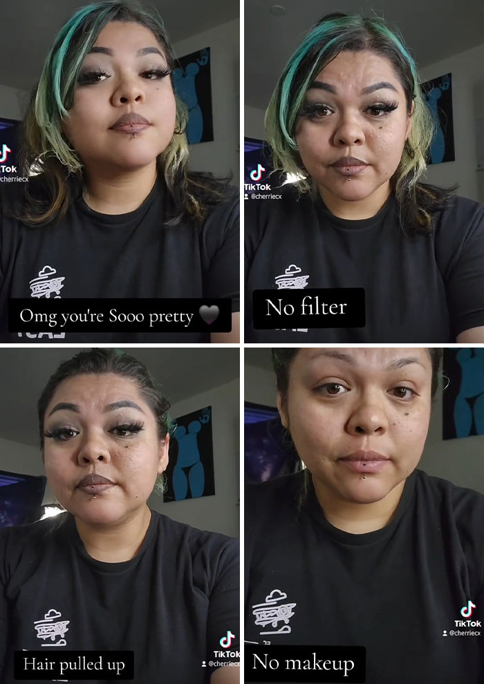 Woman reveals the truth behind social media perfection showing photos with makeup, no filter, hair pulled up, and no makeup.
