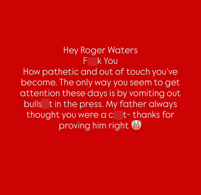 Text on red background showing a son's fiery response to Roger Waters amid idiocy and nonsense accusations. Text on red background showing a son's fiery response to Roger Waters amid idiocy and nonsense accusations.