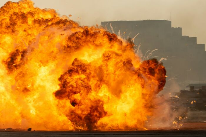 Massive fiery explosion captured in an urban area, illustrating moments that make you say definitely dead but survive.