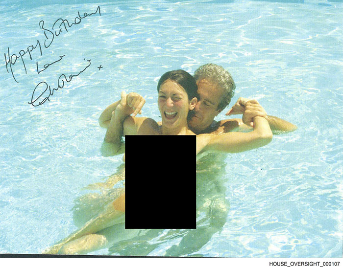 Jeffrey Epstein in a pool with a woman, part of his 50th birthday book featuring suggestive photos and more.