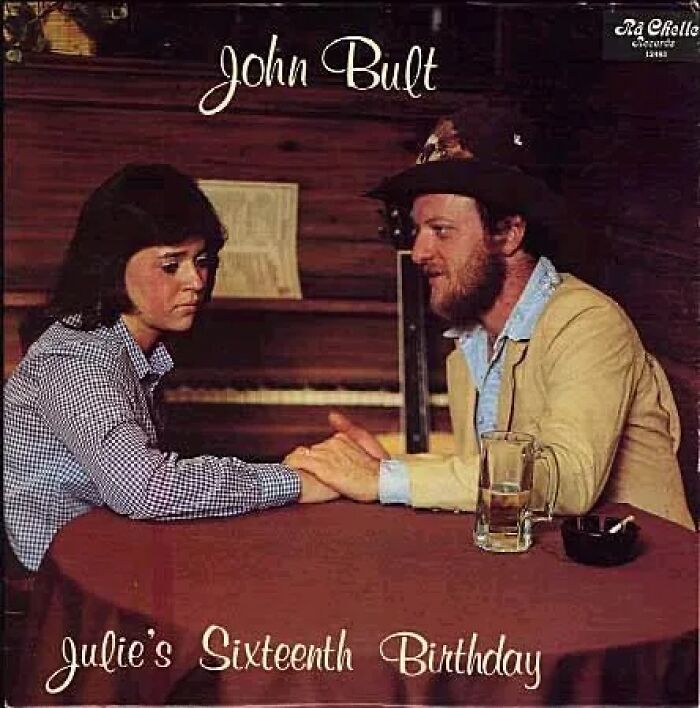 Album cover showing a serious young woman and a man in a hat holding hands at a table, example of worst album covers.