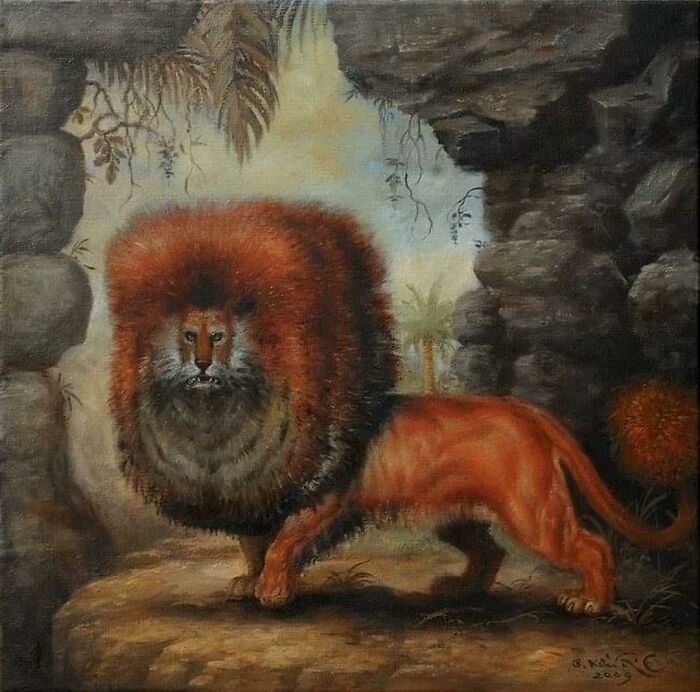 Medieval cats depicted in an artistic painting featuring a lion with a detailed mane in a natural rocky setting.