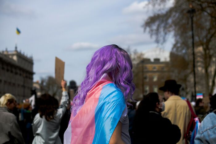 Person with purple hair wearing a trans pride flag among a crowd at an outdoor event, symbolizing cultural expression and identity.