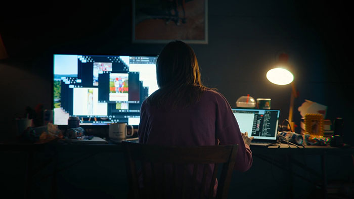 Woman sitting in a dark room using multiple computer screens, illustrating secret torment and online investigation themes.