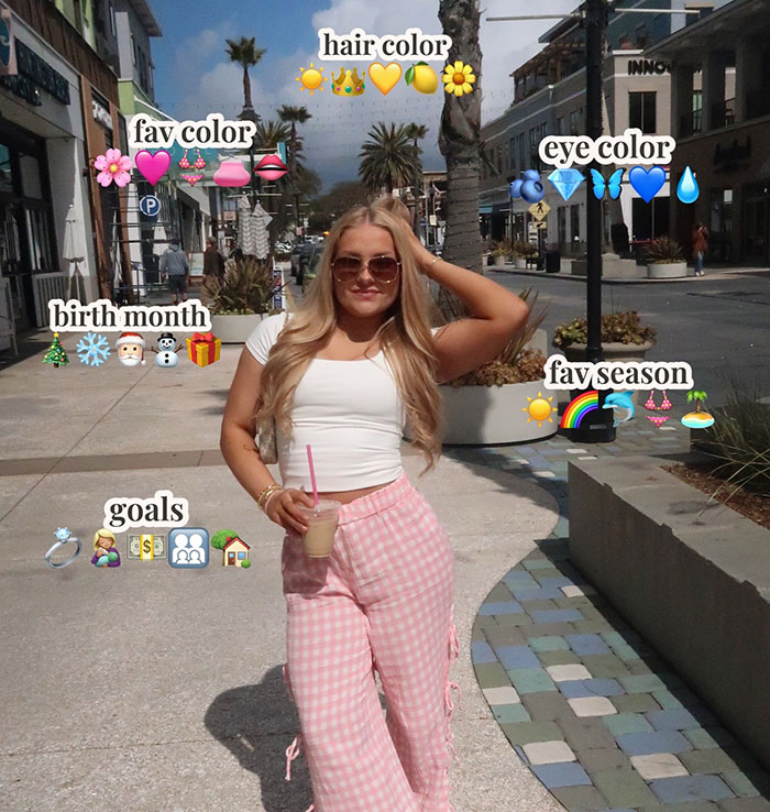 Young woman outdoors with annotations on hair color, eye color, birth month, goals, and favorite season in a social media post about motherhood.