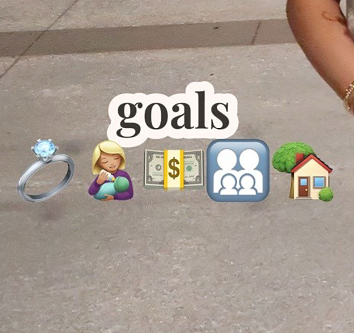 Social media post showing motherhood and family goals with emojis of baby, money, family, and house on concrete floor.