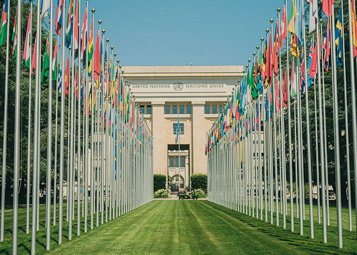 Rows of international flags outside the United Nations building on a sunny day representing global scientific facts