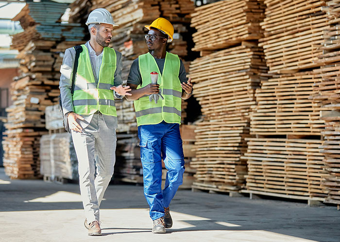 Two men wearing safety vests and helmets discussing scientific facts in an industrial lumber storage area.