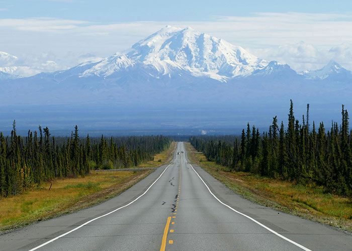 Long empty road leading to a snow-covered mountain surrounded by forest under a cloudy sky with interesting scientific facts vibe.