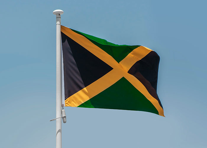 Jamaican flag waving on a flagpole against a clear sky, illustrating interesting scientific facts with an eerie vibe.
