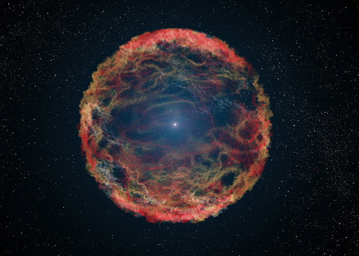 Eerie scientific image of a glowing red nebula with intricate patterns surrounded by a starry dark space background.