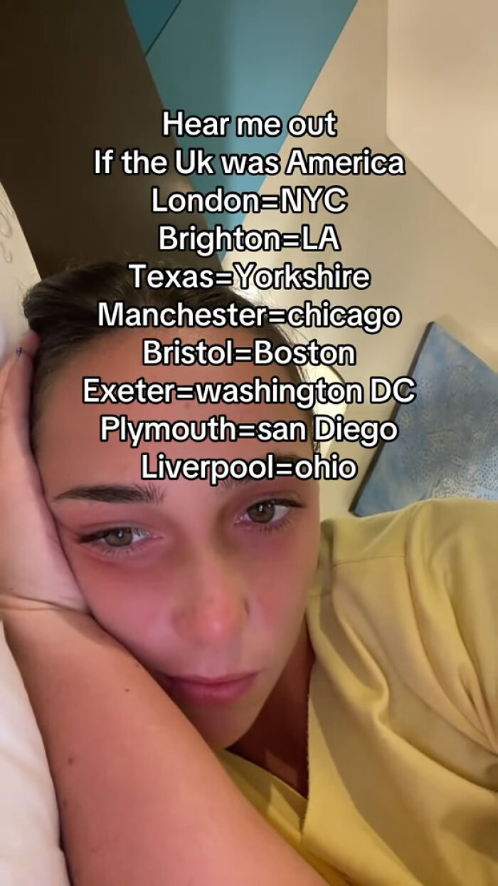 Person lying down with a meme comparing UK cities to US cities, showcasing British humor about London and other places.