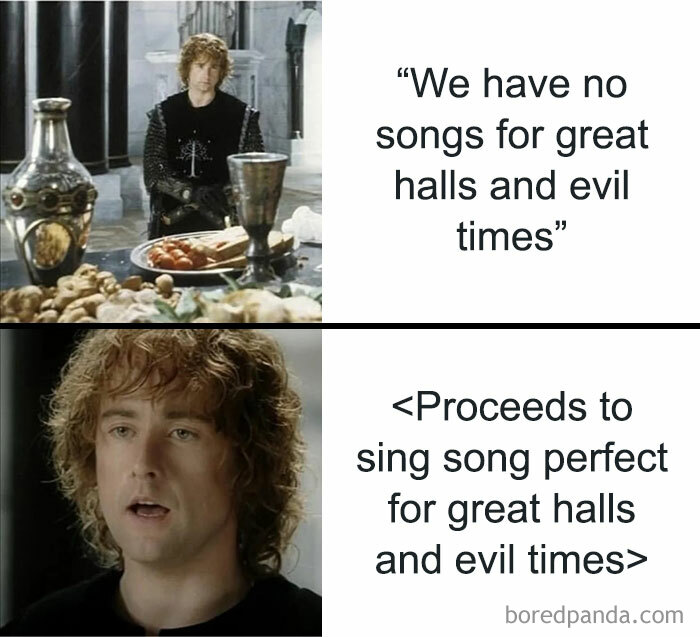 Lord of the Rings meme featuring a character singing a song about great halls and evil times at a feast.