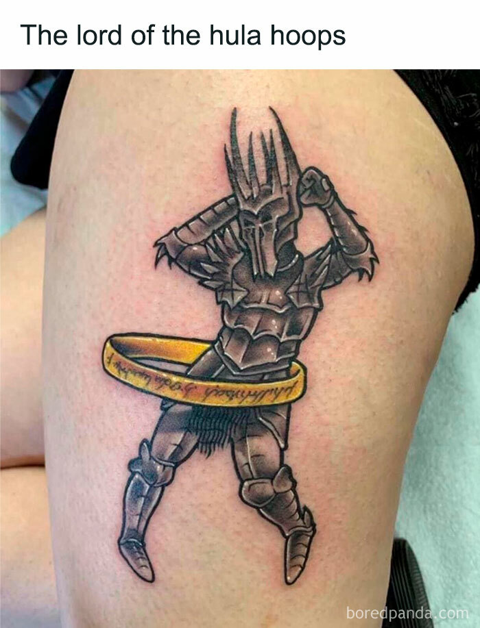 Tattoo of a Lord of the Rings character playing with a glowing hula hoop, showcasing humorous LOTR-inspired art.