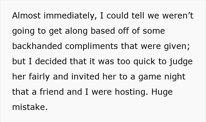 Text excerpt describing a personal story about judging a person and hosting a game night, related to lying pick me girl tattoo inspiration.