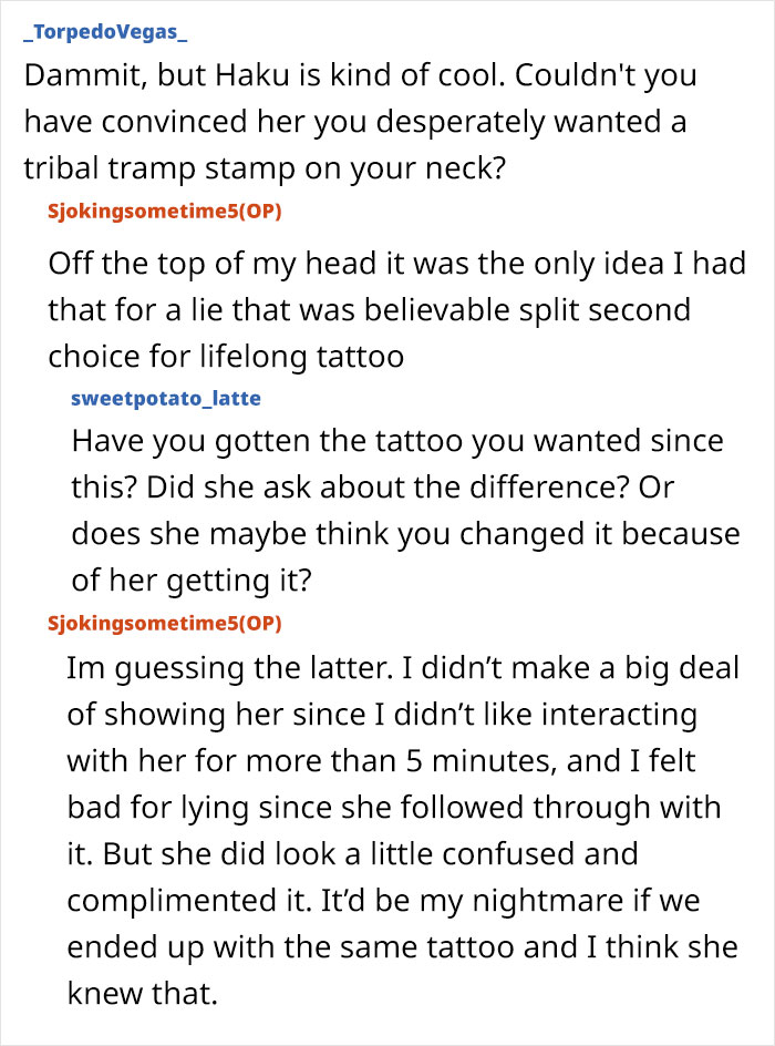 Conversation about tattoo ideas and feelings involving lying pick me girl tattoo inspiration and lifelong tattoo choices.