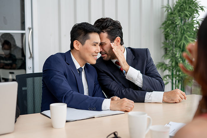 Two male co-workers in suits whisper and smile during a meeting, relating to bets placed on a female colleague. Two male co-workers in suits whisper and smile during a meeting, relating to bets placed on a female colleague.
